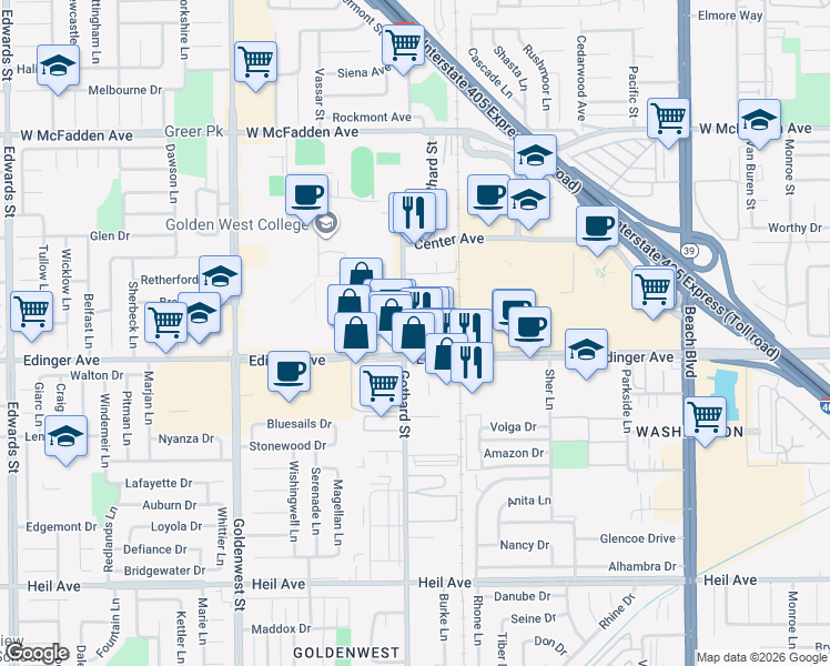 map of restaurants, bars, coffee shops, grocery stores, and more near Aura Circle in Huntington Beach