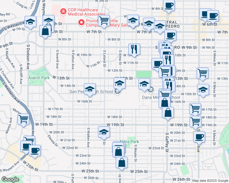 map of restaurants, bars, coffee shops, grocery stores, and more near 1034 West 15th Street in Los Angeles