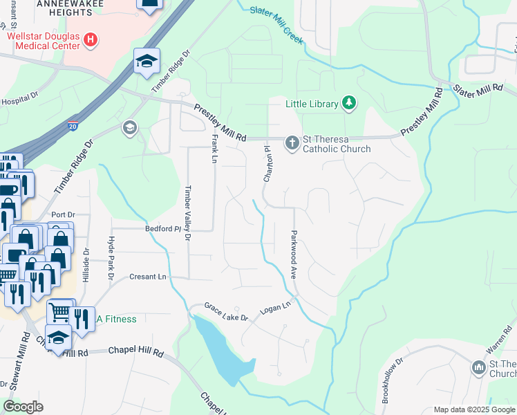 map of restaurants, bars, coffee shops, grocery stores, and more near 9235 Raleigh Way in Douglasville