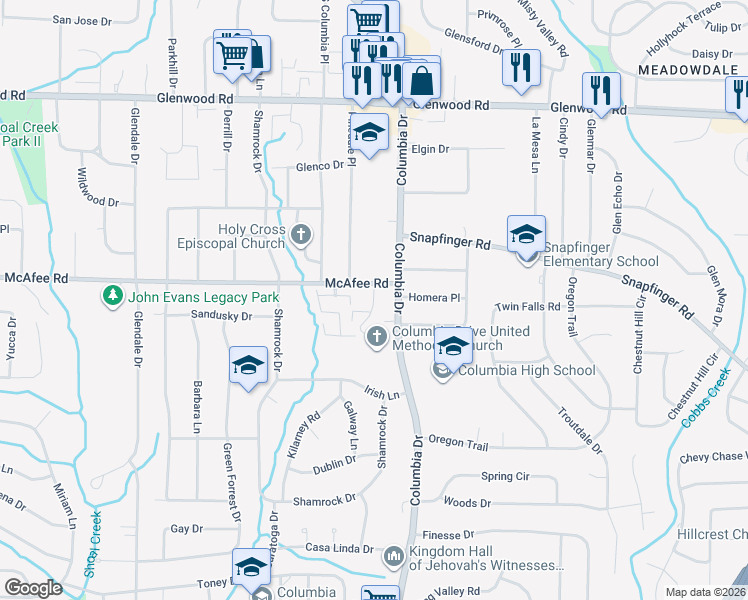 map of restaurants, bars, coffee shops, grocery stores, and more near 2036 Oak Park Ln in Decatur
