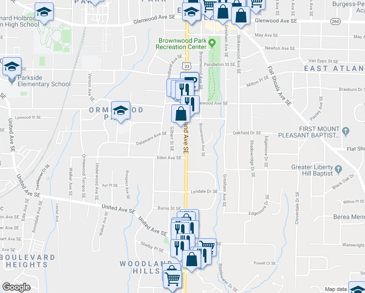 map of restaurants, bars, coffee shops, grocery stores, and more near 865 Moreland Avenue Southeast in Atlanta