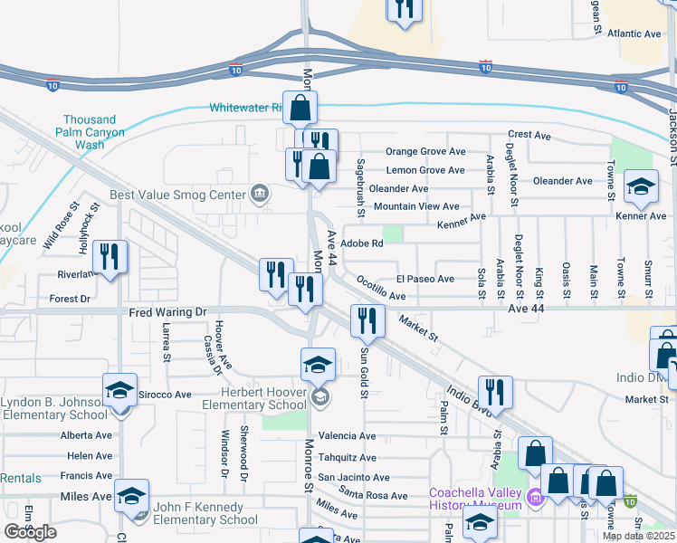 map of restaurants, bars, coffee shops, grocery stores, and more near 43820 Saguaro Street in Indio