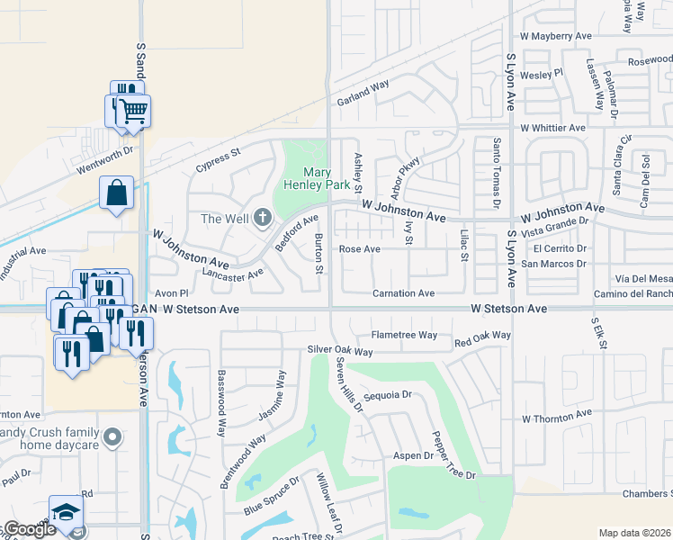 map of restaurants, bars, coffee shops, grocery stores, and more near 1045 Orchid Street in Hemet