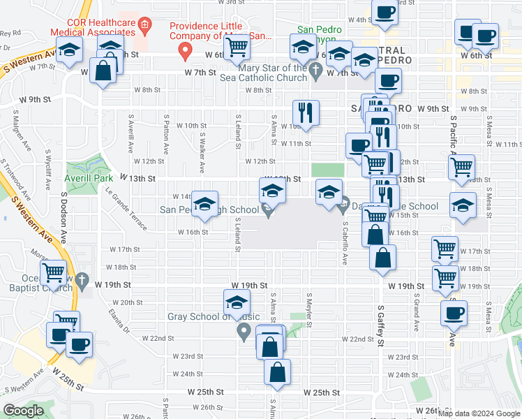 map of restaurants, bars, coffee shops, grocery stores, and more near 1034 West 15th Street in Los Angeles