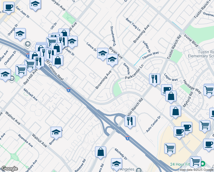 map of restaurants, bars, coffee shops, grocery stores, and more near 13754 Iroquois in Tustin