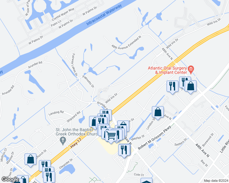 map of restaurants, bars, coffee shops, grocery stores, and more near 4635 Wild Iris Drive in Myrtle Beach