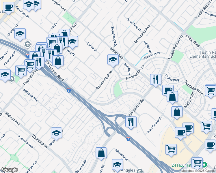 map of restaurants, bars, coffee shops, grocery stores, and more near 13754 Iroquois in Tustin