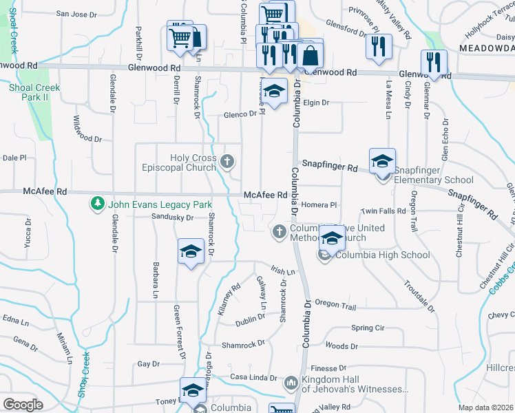 map of restaurants, bars, coffee shops, grocery stores, and more near 3295 Sheffield Circle in Decatur