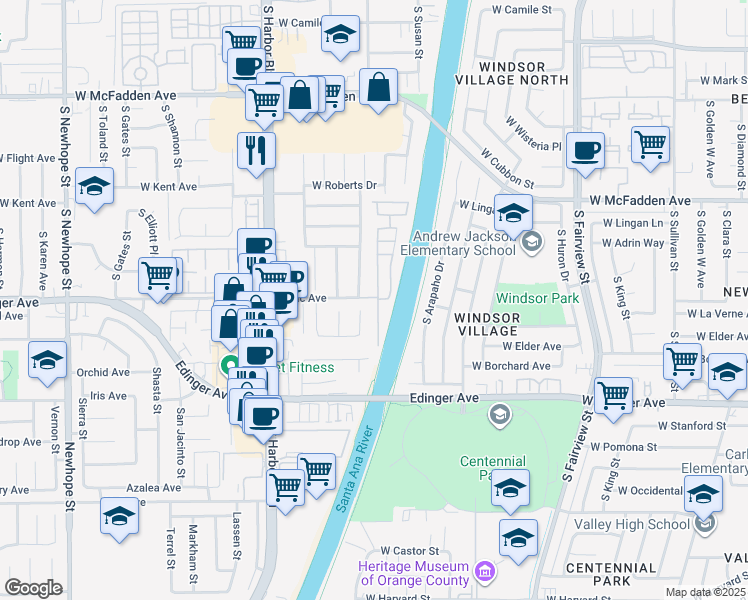 map of restaurants, bars, coffee shops, grocery stores, and more near 12300 West Lilac Avenue in Santa Ana