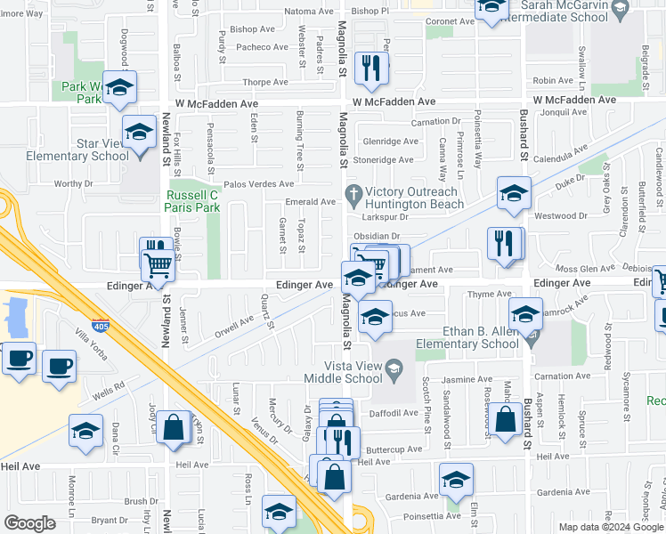 map of restaurants, bars, coffee shops, grocery stores, and more near 15991 Magnolia Street in Westminster