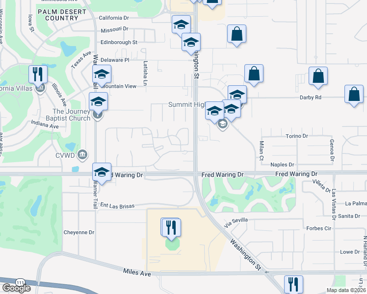 map of restaurants, bars, coffee shops, grocery stores, and more near 77787 Saint Croix Drive in Palm Desert