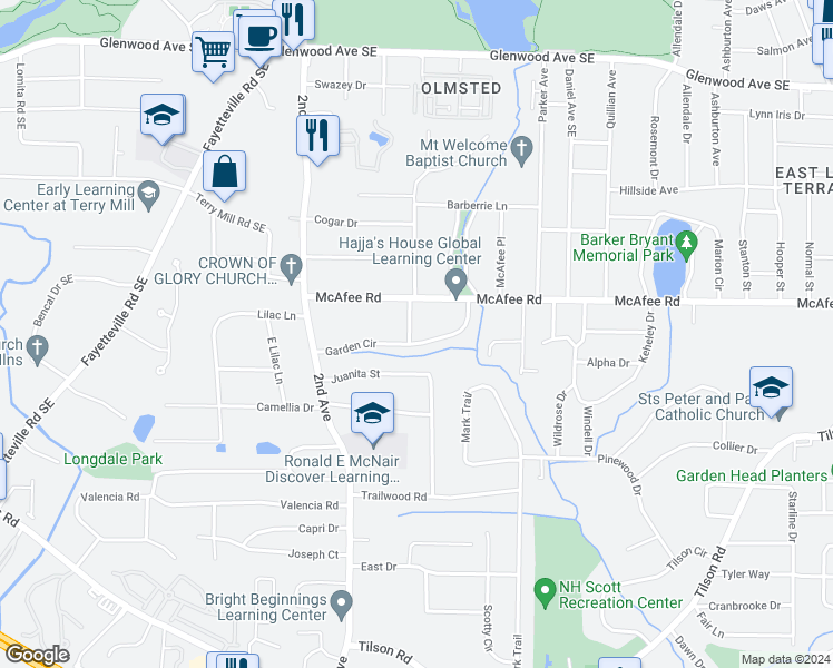map of restaurants, bars, coffee shops, grocery stores, and more near 2076 Garden Circle in Decatur
