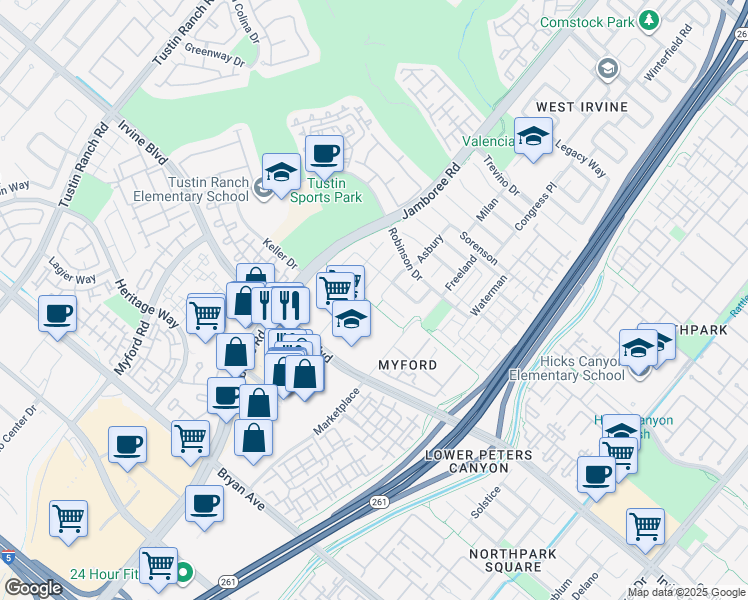map of restaurants, bars, coffee shops, grocery stores, and more near 21 Asbury in Irvine