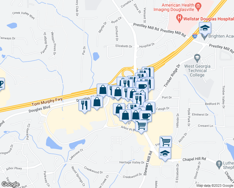 map of restaurants, bars, coffee shops, grocery stores, and more near 6371 Douglas Boulevard in Douglasville