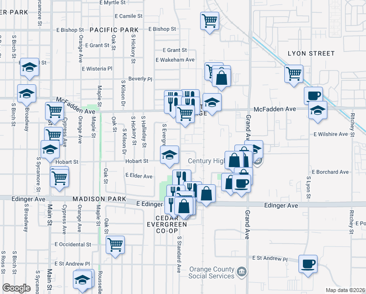 map of restaurants, bars, coffee shops, grocery stores, and more near 1201 East Wilshire Avenue in Santa Ana