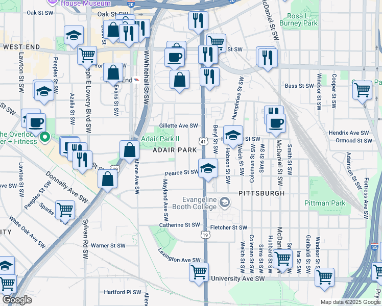 map of restaurants, bars, coffee shops, grocery stores, and more near 880 Oakhill Avenue Southwest in Atlanta