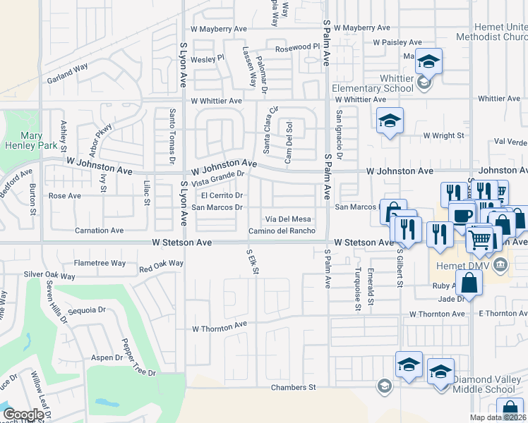 map of restaurants, bars, coffee shops, grocery stores, and more near 1199 San Marcos Drive in Hemet