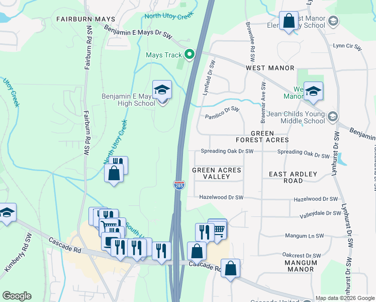 map of restaurants, bars, coffee shops, grocery stores, and more near 3820 Spreading Oak Dr SW in Atlanta