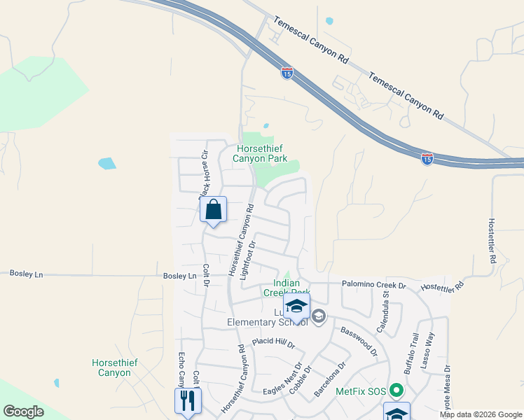 map of restaurants, bars, coffee shops, grocery stores, and more near 13350 Cloudburst Drive in Corona