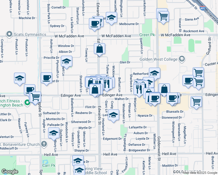 map of restaurants, bars, coffee shops, grocery stores, and more near 6581 Edinger Avenue in Huntington Beach