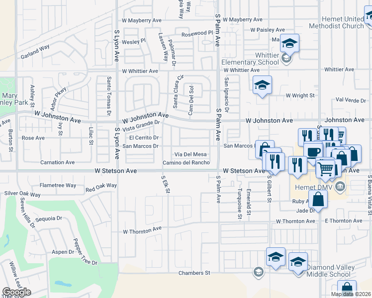 map of restaurants, bars, coffee shops, grocery stores, and more near 1117 San Marcos Drive in Hemet