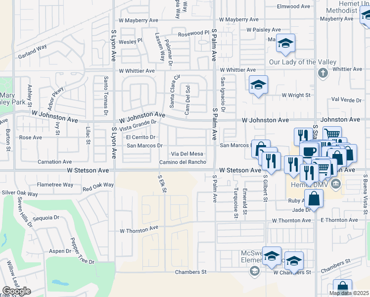 map of restaurants, bars, coffee shops, grocery stores, and more near 1107 San Marcos Drive in Hemet