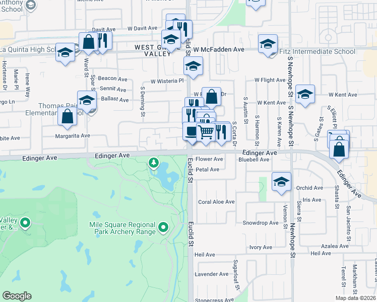 map of restaurants, bars, coffee shops, grocery stores, and more near South Euclid Street & Edinger Avenue in Fountain Valley