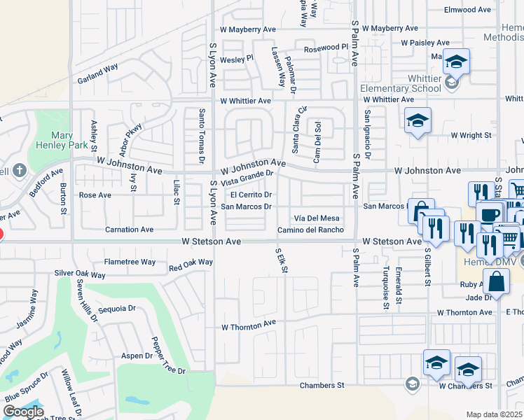 map of restaurants, bars, coffee shops, grocery stores, and more near 1411 San Marcos Drive in Hemet