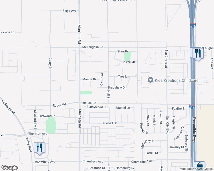 map of restaurants, bars, coffee shops, grocery stores, and more near 26226 Bradshaw Drive in Menifee