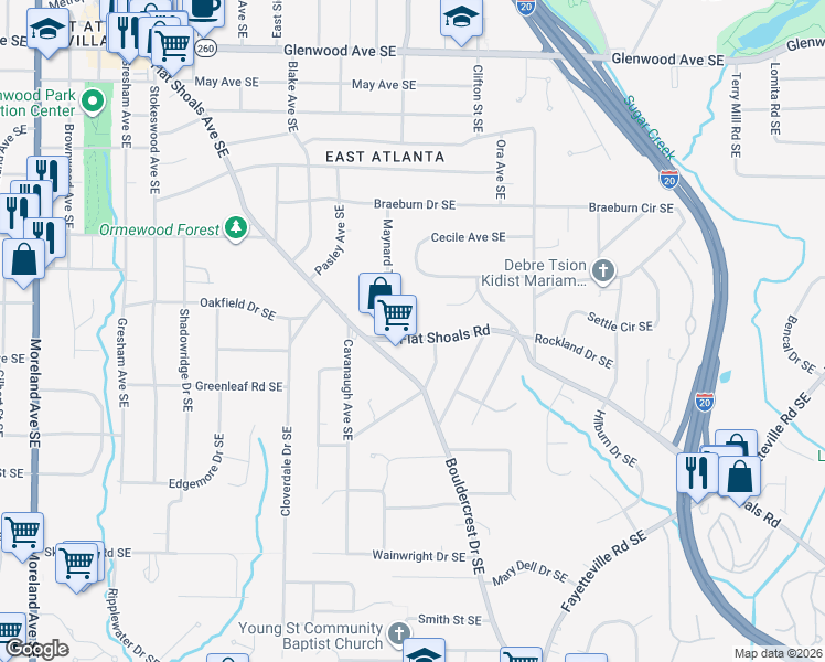 map of restaurants, bars, coffee shops, grocery stores, and more near 1625 Flat Shoals Road Southeast in Atlanta