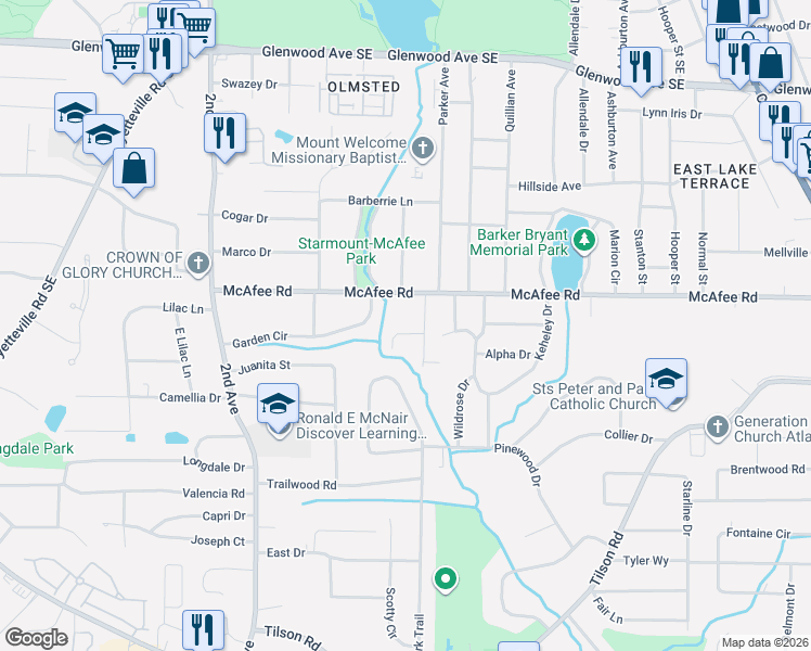 map of restaurants, bars, coffee shops, grocery stores, and more near 2061 Rockhaven Drive in Decatur