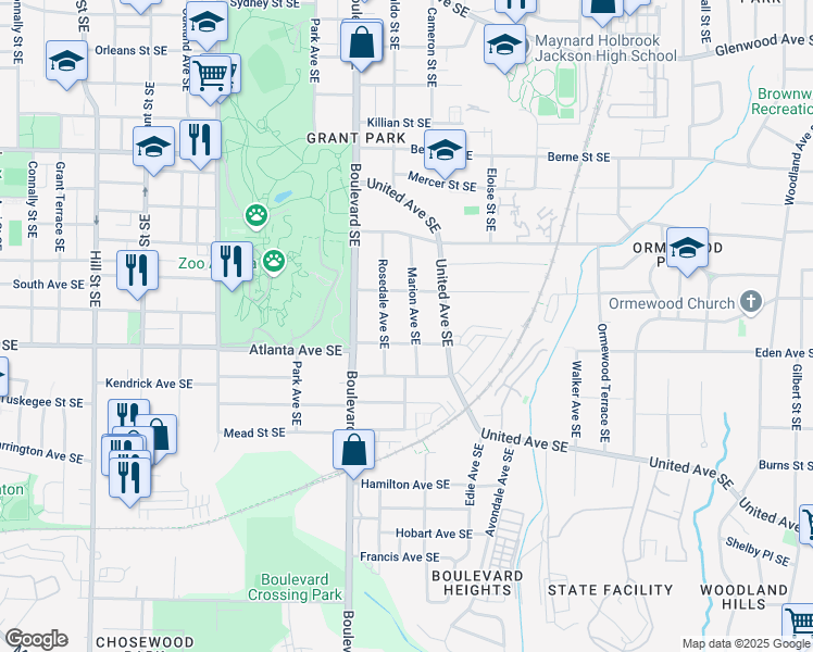 map of restaurants, bars, coffee shops, grocery stores, and more near 654 Atlanta Avenue Southeast in Atlanta