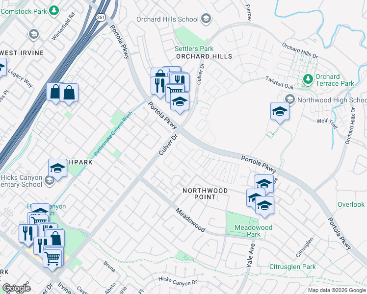 map of restaurants, bars, coffee shops, grocery stores, and more near 162 Kingswood in Irvine