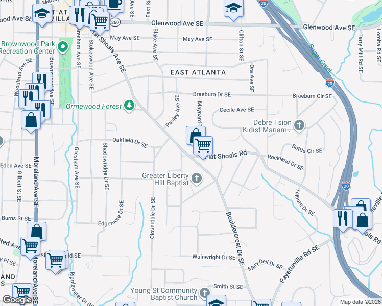 map of restaurants, bars, coffee shops, grocery stores, and more near 1570 Flat Shoals Road Southeast in Atlanta