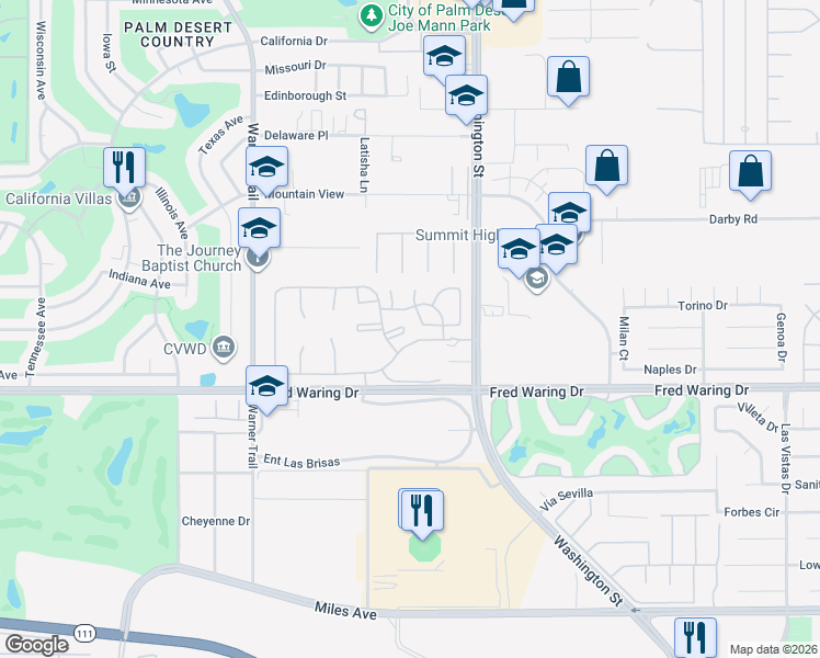 map of restaurants, bars, coffee shops, grocery stores, and more near 43736 Avenue Alicante in Palm Desert