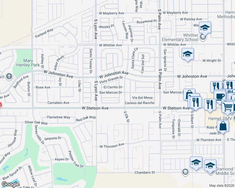map of restaurants, bars, coffee shops, grocery stores, and more near 1411 San Marcos Drive in Hemet