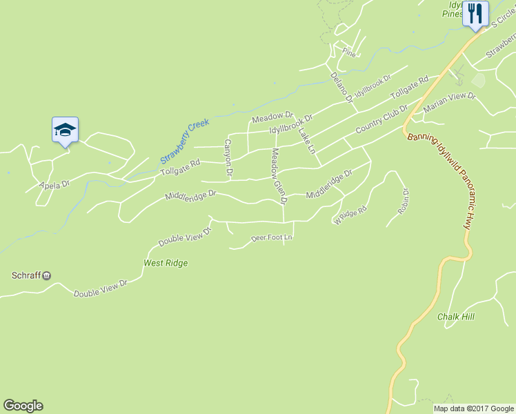 map of restaurants, bars, coffee shops, grocery stores, and more near 53241 Middleridge Drive in Idyllwild-Pine Cove