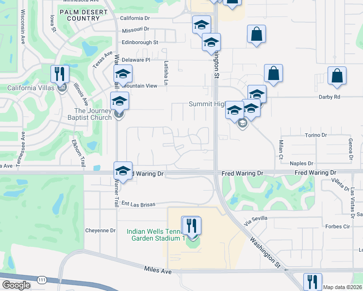 map of restaurants, bars, coffee shops, grocery stores, and more near 43742 Avenue Alicante in Palm Desert