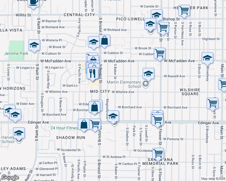 map of restaurants, bars, coffee shops, grocery stores, and more near 1246 South Baker Street in Santa Ana