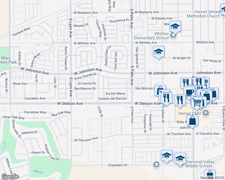 map of restaurants, bars, coffee shops, grocery stores, and more near 1117 San Marcos Drive in Hemet