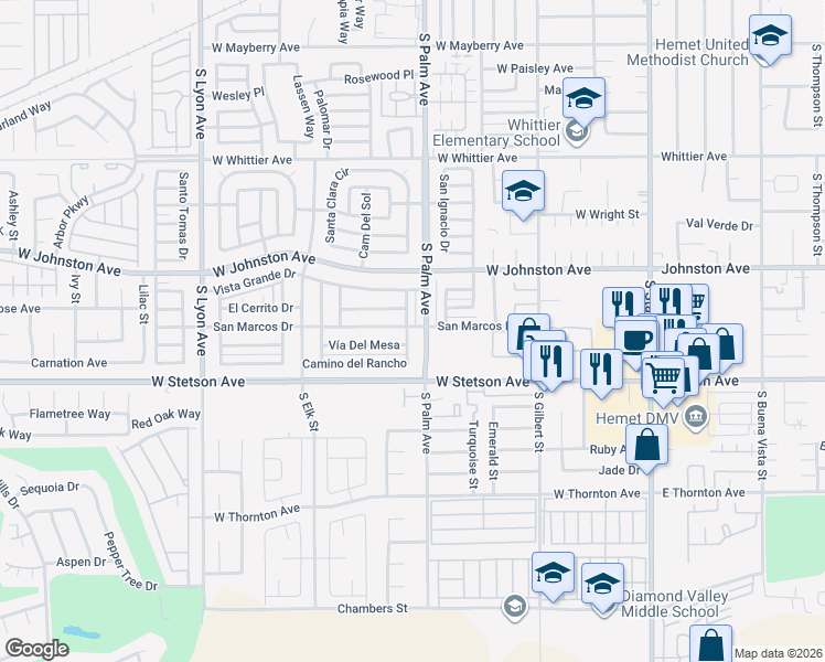 map of restaurants, bars, coffee shops, grocery stores, and more near 1020 Tierra Linda Drive in Hemet
