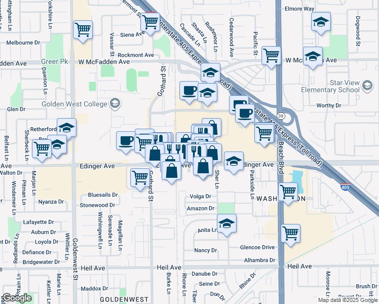 map of restaurants, bars, coffee shops, grocery stores, and more near 7521 Edinger Avenue in Huntington Beach
