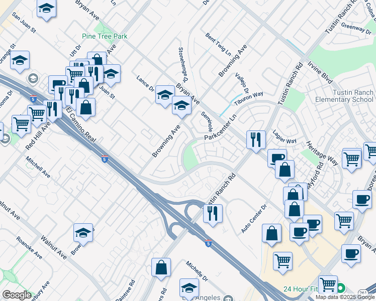 map of restaurants, bars, coffee shops, grocery stores, and more near 13602 Parkcenter Lane in Tustin