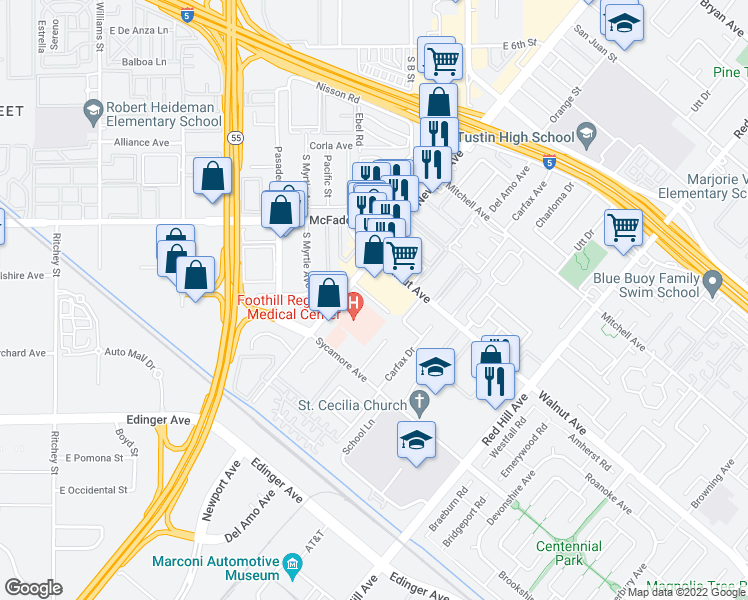 map of restaurants, bars, coffee shops, grocery stores, and more near 14662 Newport Avenue in Tustin