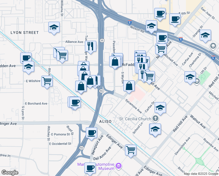 map of restaurants, bars, coffee shops, grocery stores, and more near 17061 Kenyon Drive in Tustin