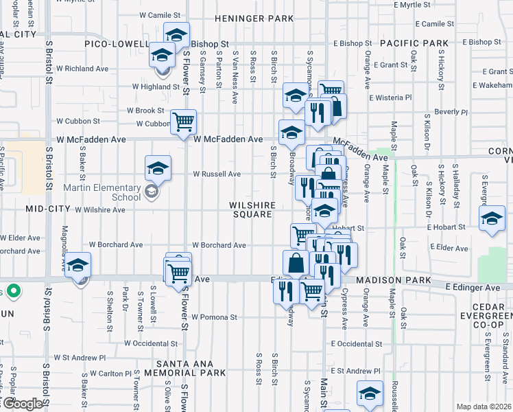 map of restaurants, bars, coffee shops, grocery stores, and more near 1306 South Birch Street in Santa Ana