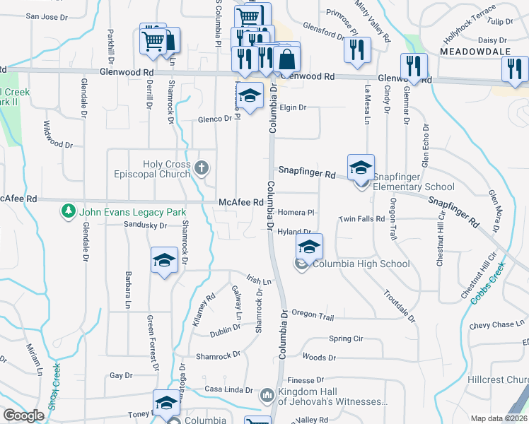 map of restaurants, bars, coffee shops, grocery stores, and more near 3370 Hyland Drive in Decatur