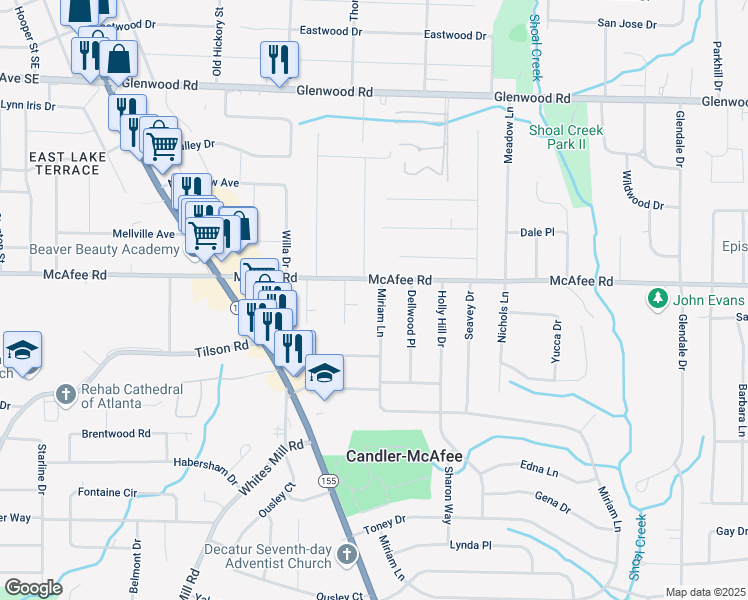 map of restaurants, bars, coffee shops, grocery stores, and more near 2035 Miriam Lane in Decatur