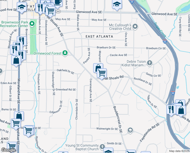map of restaurants, bars, coffee shops, grocery stores, and more near 889 Bouldercrest Drive Southeast in Atlanta