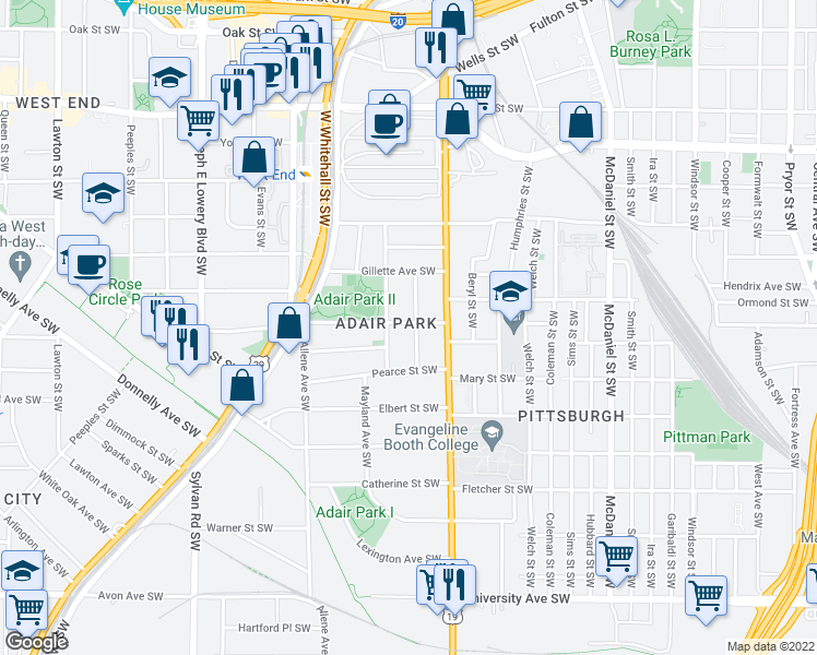 map of restaurants, bars, coffee shops, grocery stores, and more near 875 Oakhill Avenue Southwest in Atlanta